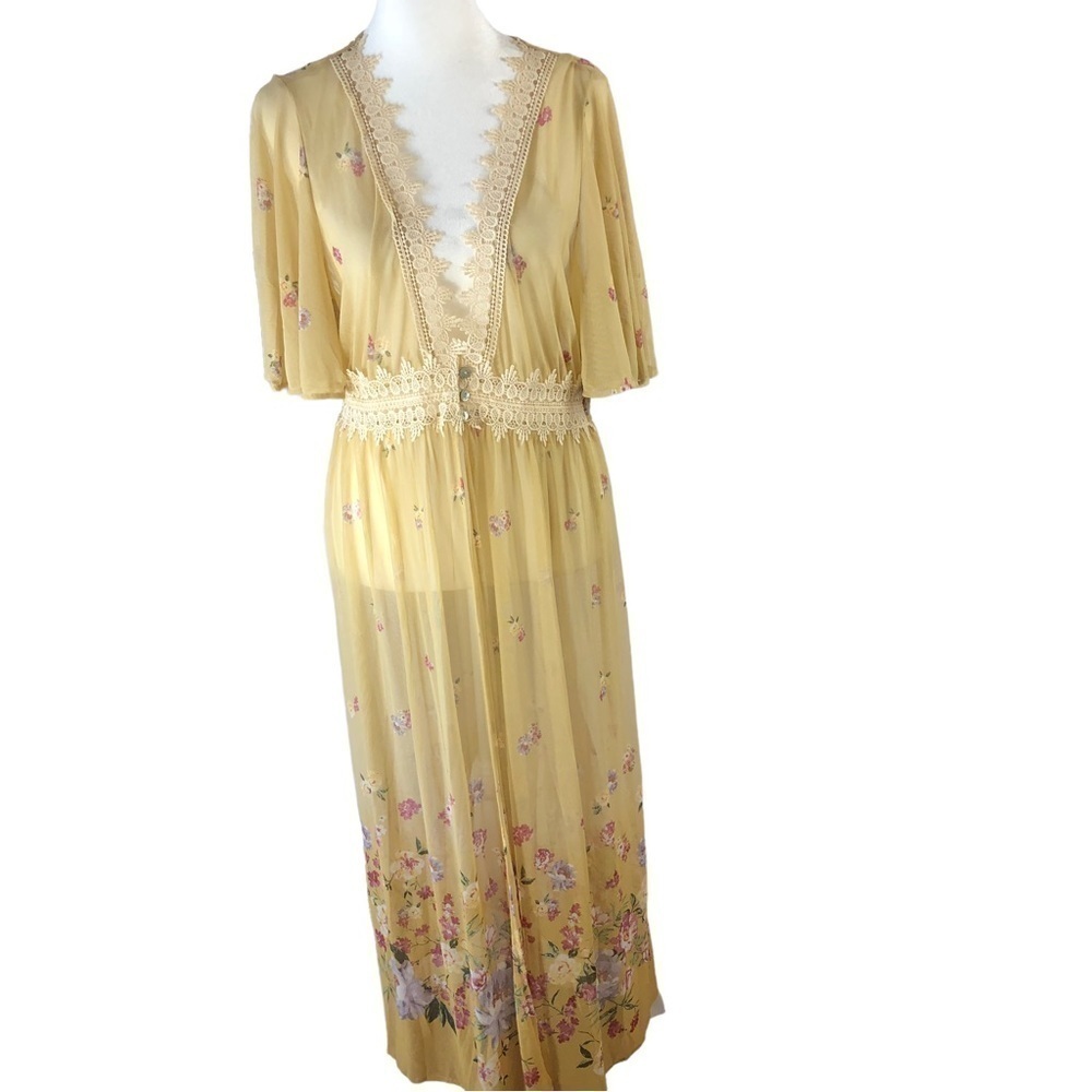 LIFE Maxi Sheer Mesh Duster Robe Women L Antique Gold Floral Pattern Lace Trim